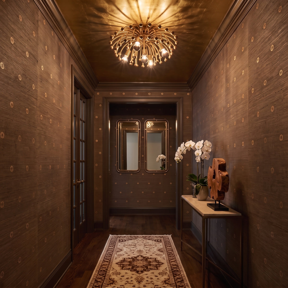 Anemone Flush Mount in Aged Brass on a hallway ceiling