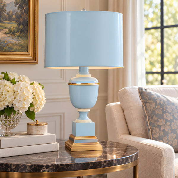Annika Accent Lamp in Baby Blue on a side table