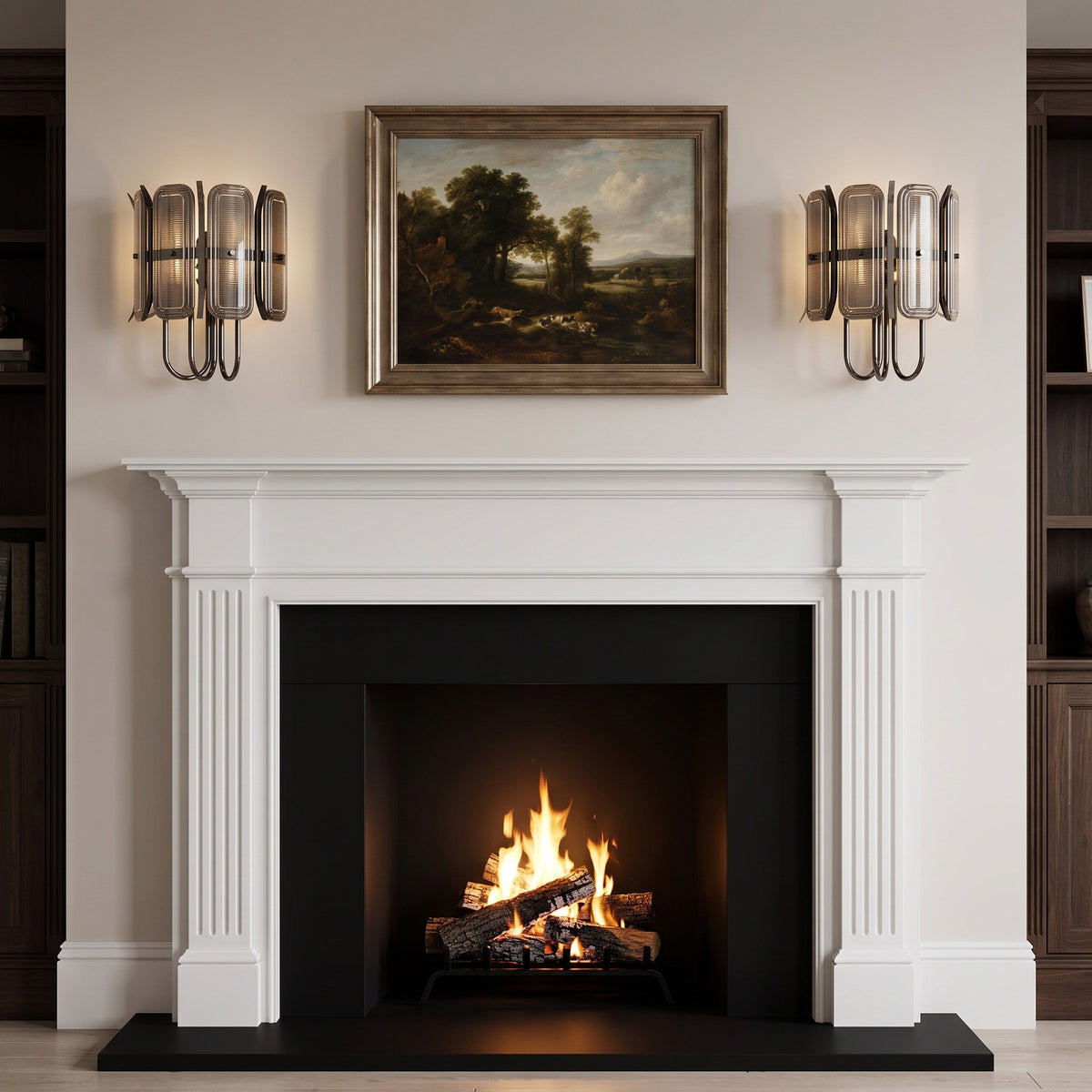 Gregory Wall Sconces in Blackened Polished Nickel flanking a fireplace
