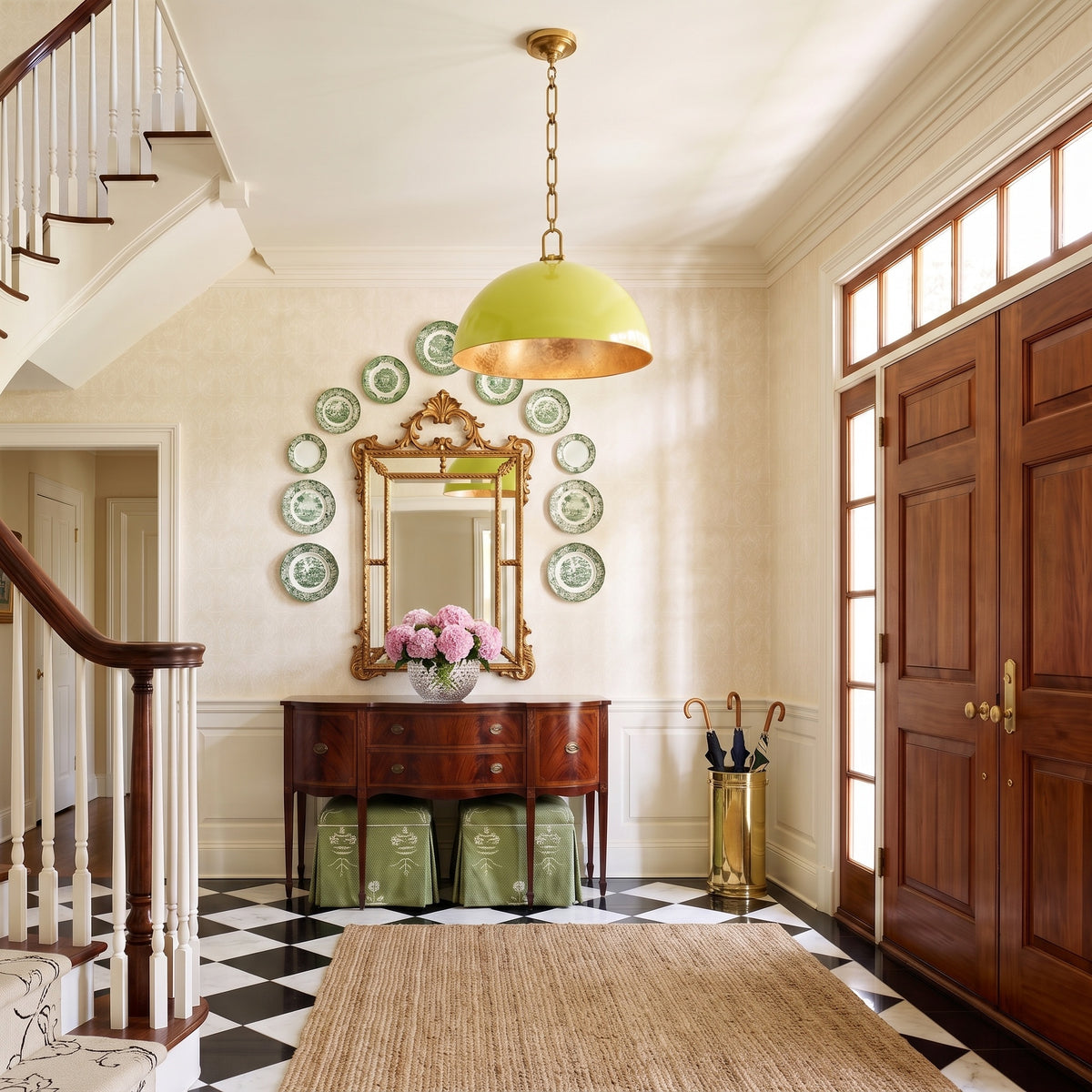 Anderson 18" Dome Pendant in Citron with brass hardware in an entry hall