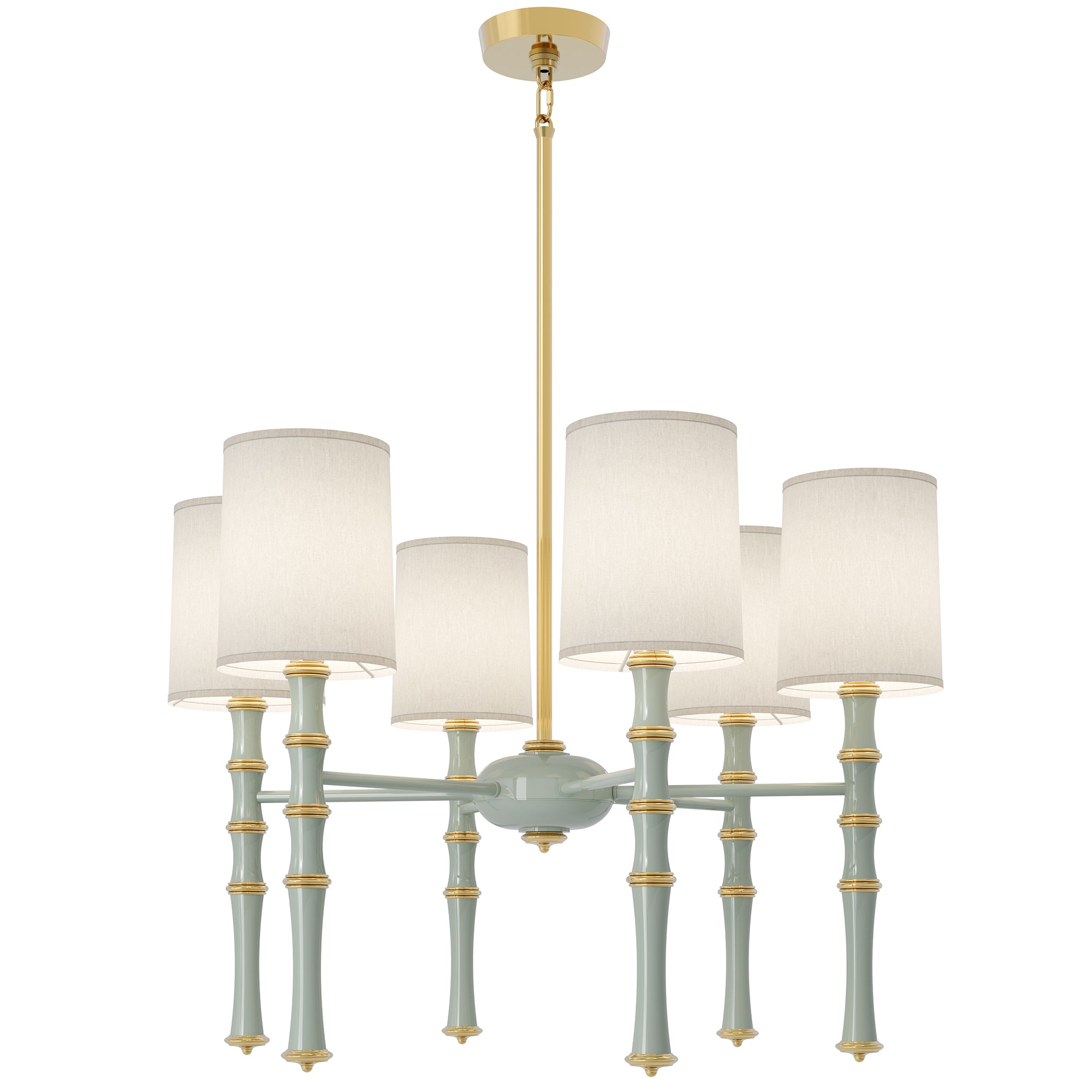 Celadon painted aluminum chandelier with modern brass accents, Fondine — Kane by Robert Abbey