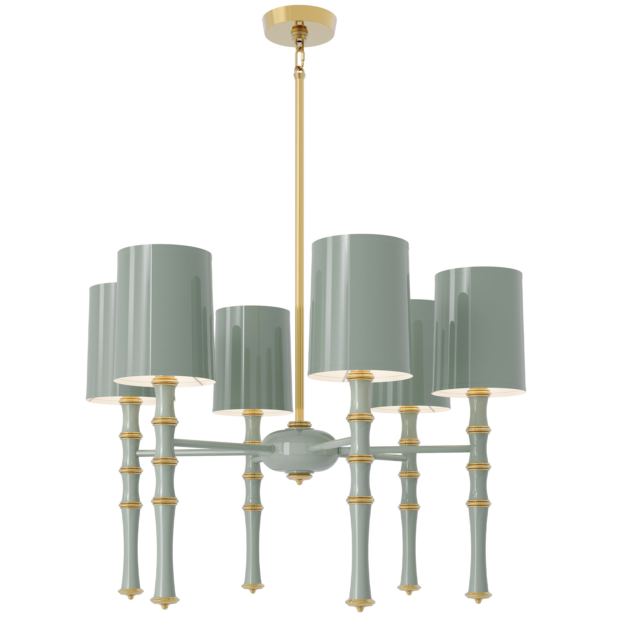 Celadon painted aluminum chandelier with modern brass accents, Celadon Painted Shade — Kane by Robert Abbey