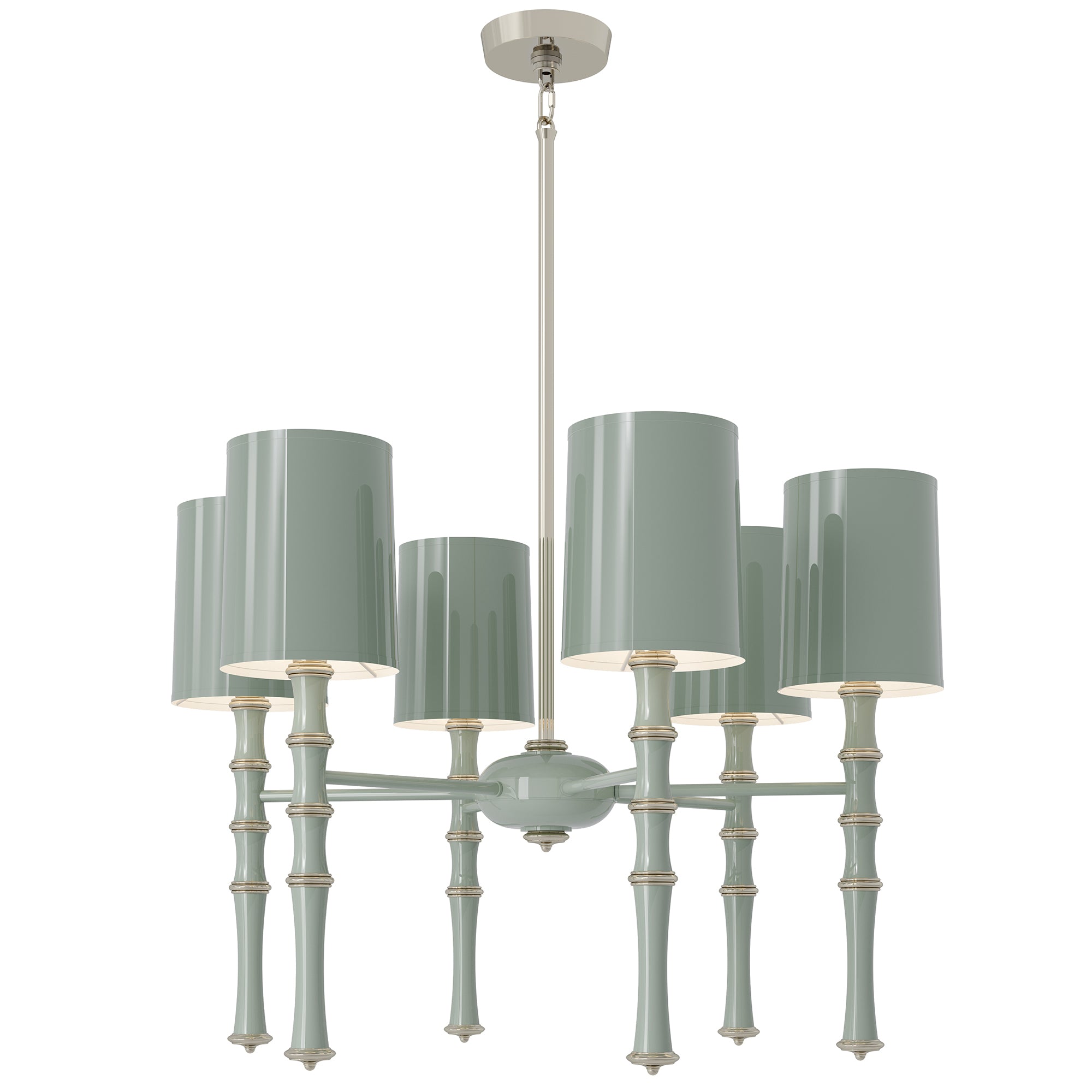 Celadon painted aluminum chandelier with polished nickel accents, Celadon Painted Shade — Kane by Robert Abbey