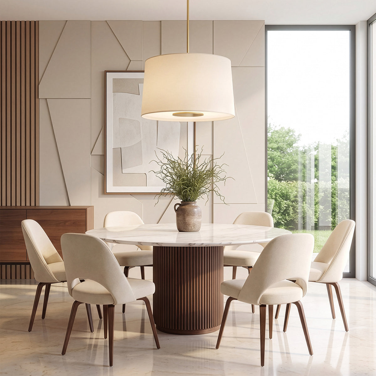 Novara Pendant in Lacquered Burnished Brass over a dining table