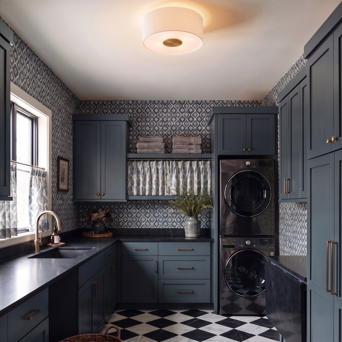 Novara Flush Mount in Lacquered Burnished Brass in a laundry room