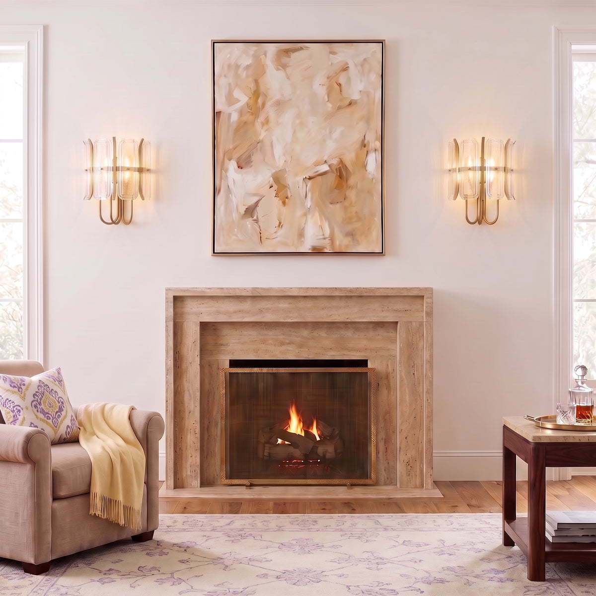 Gregory Wall Sconces in Lacquered Burnished Brass flanking a fireplace
