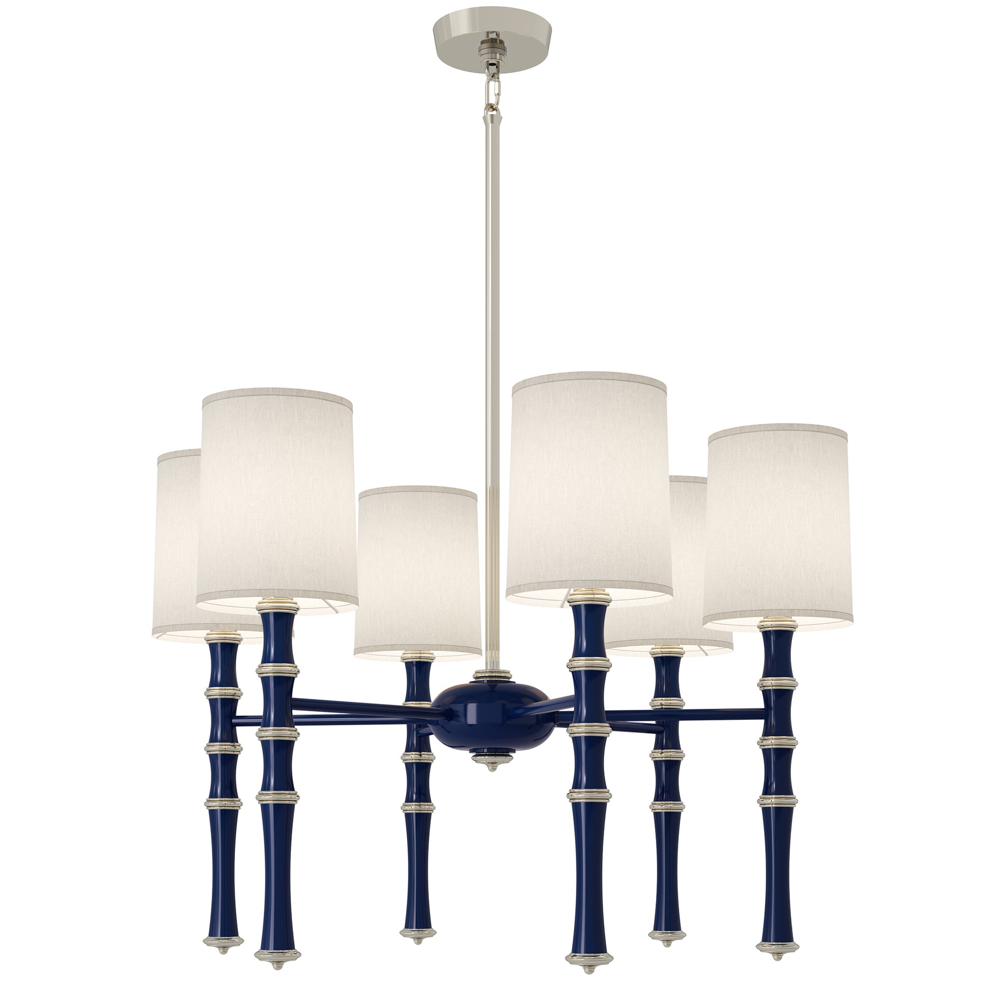 Midnight Blue painted aluminum chandelier with polished nickel accents, Ascot White — Kane by Robert Abbey