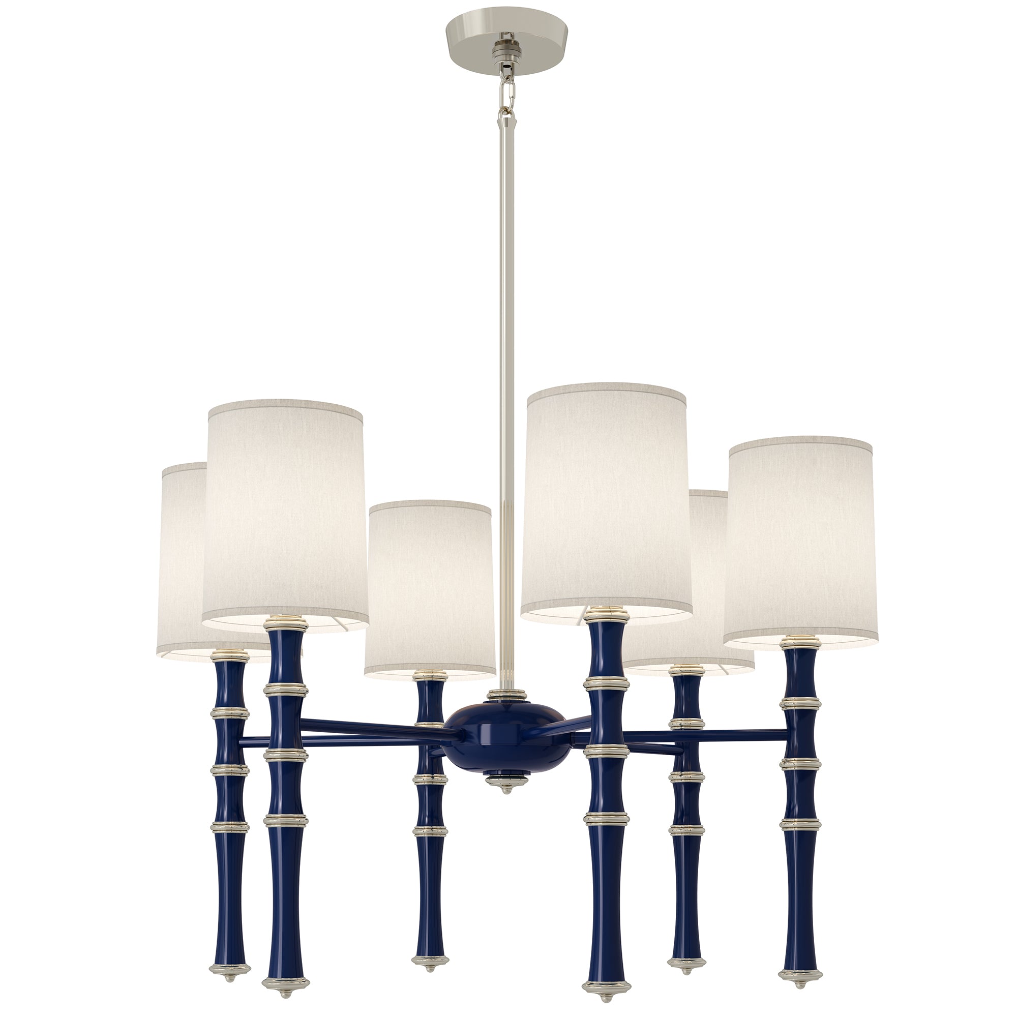 Midnight Blue painted aluminum chandelier with polished nickel accents, Ascot White — Kane by Robert Abbey