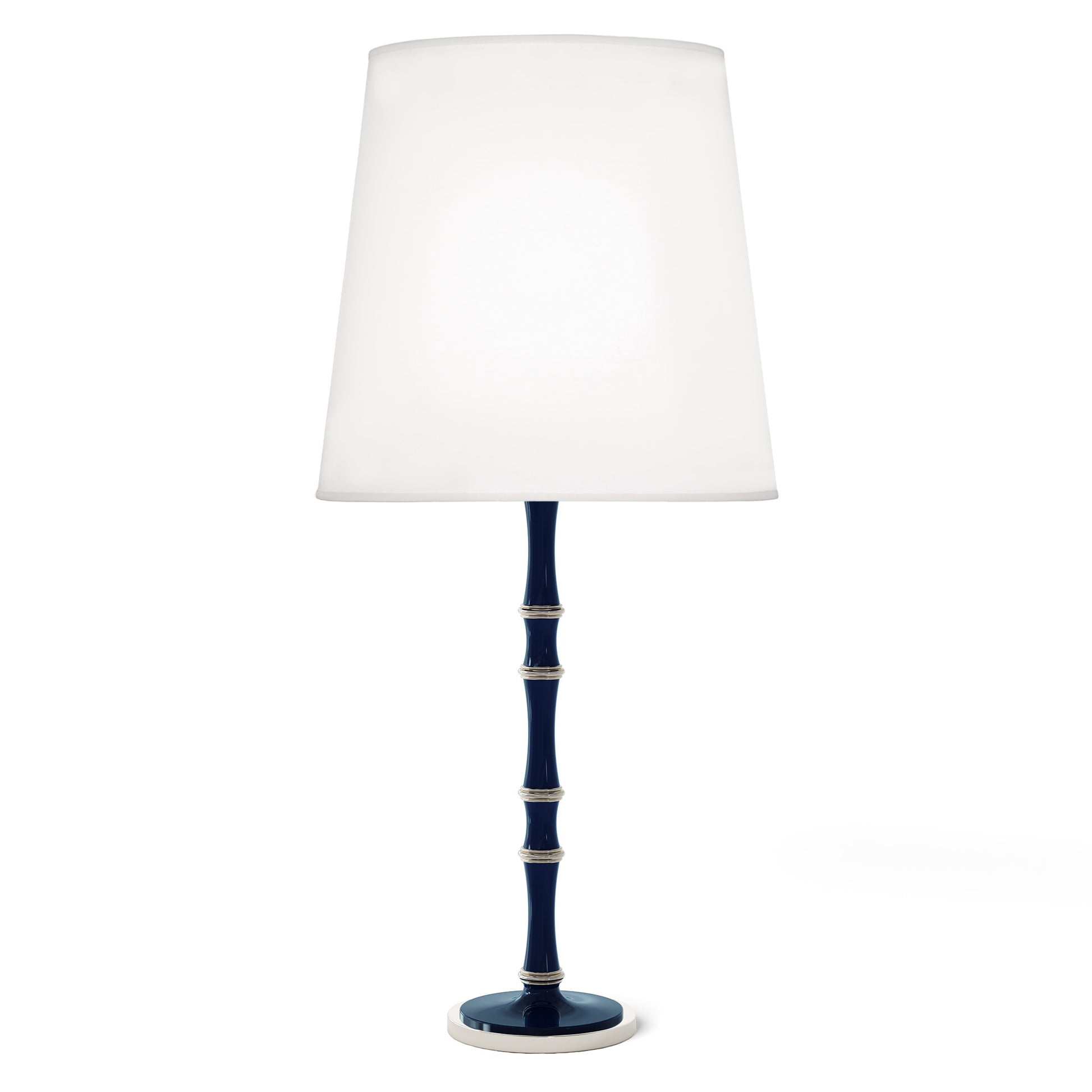 Midnight Blue painted aluminum table lamp with polished nickel accents, Ascot White — Kane Grande by Robert Abbey