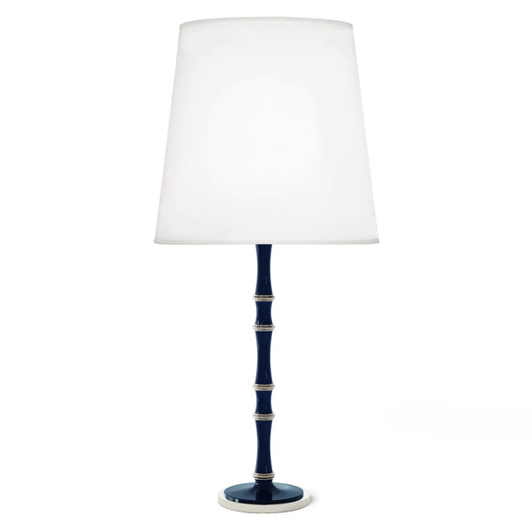 Midnight Blue painted aluminum table lamp with polished nickel accents, Ascot White — Kane Grande by Robert Abbey