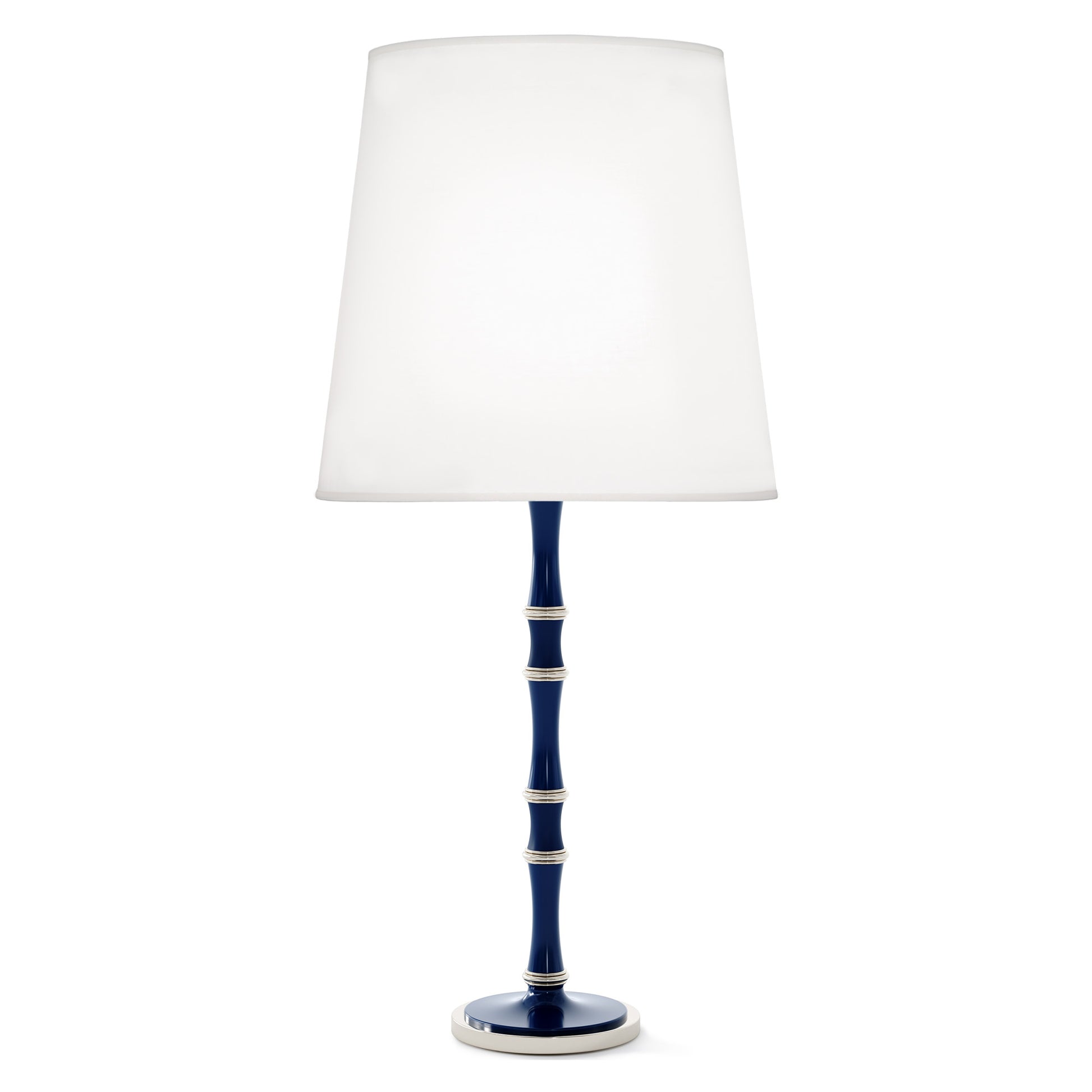 Midnight Blue and Matte Midnight Blue painted aluminum table lamp with polished nickel accents, Ascot White — Kane Grande by Robert Abbey