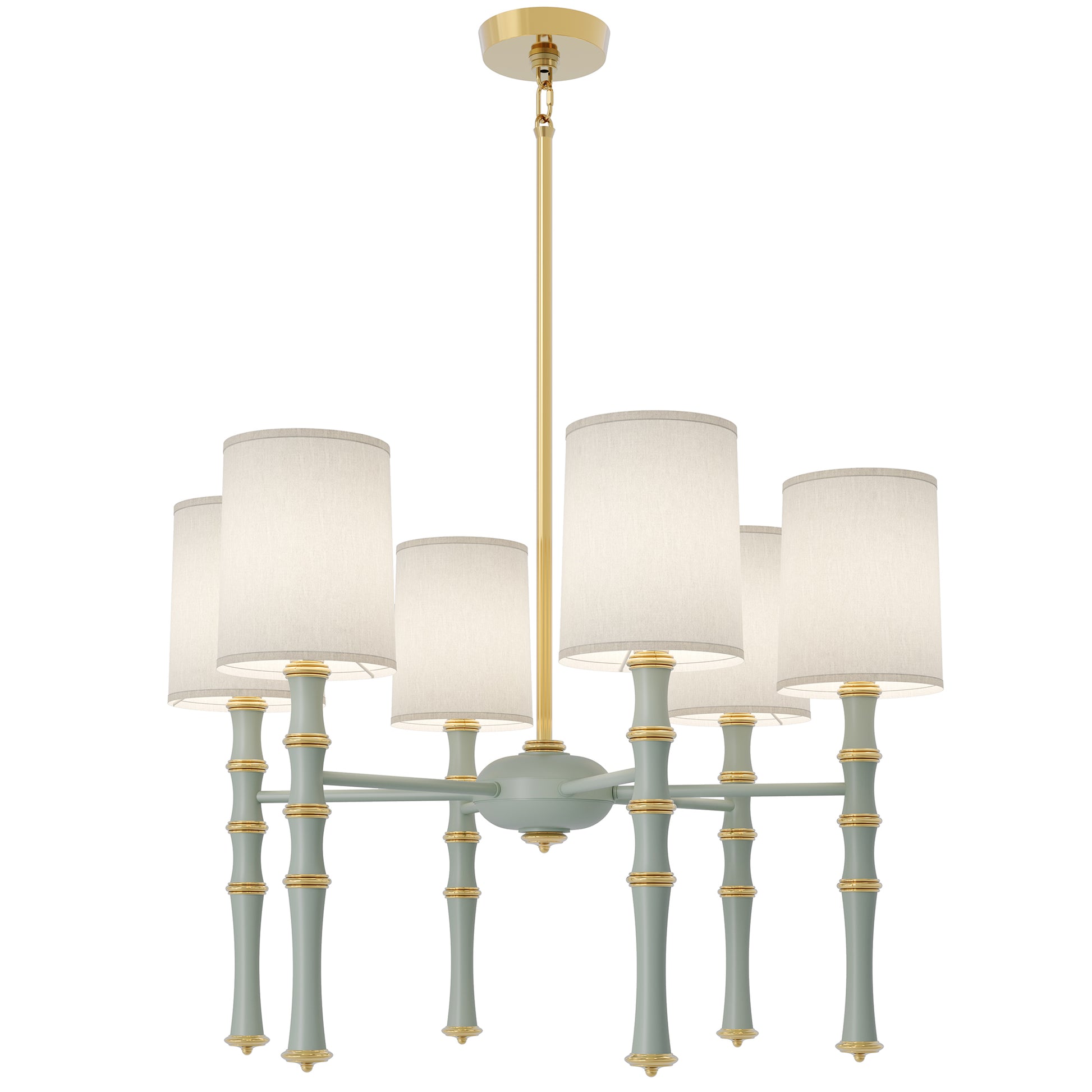 Matte Celadon painted aluminum chandelier with modern brass accents, Fondine — Kane by Robert Abbey