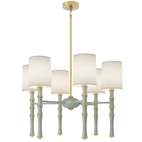 Matte Celadon painted aluminum chandelier with modern brass accents, Fondine — Kane by Robert Abbey