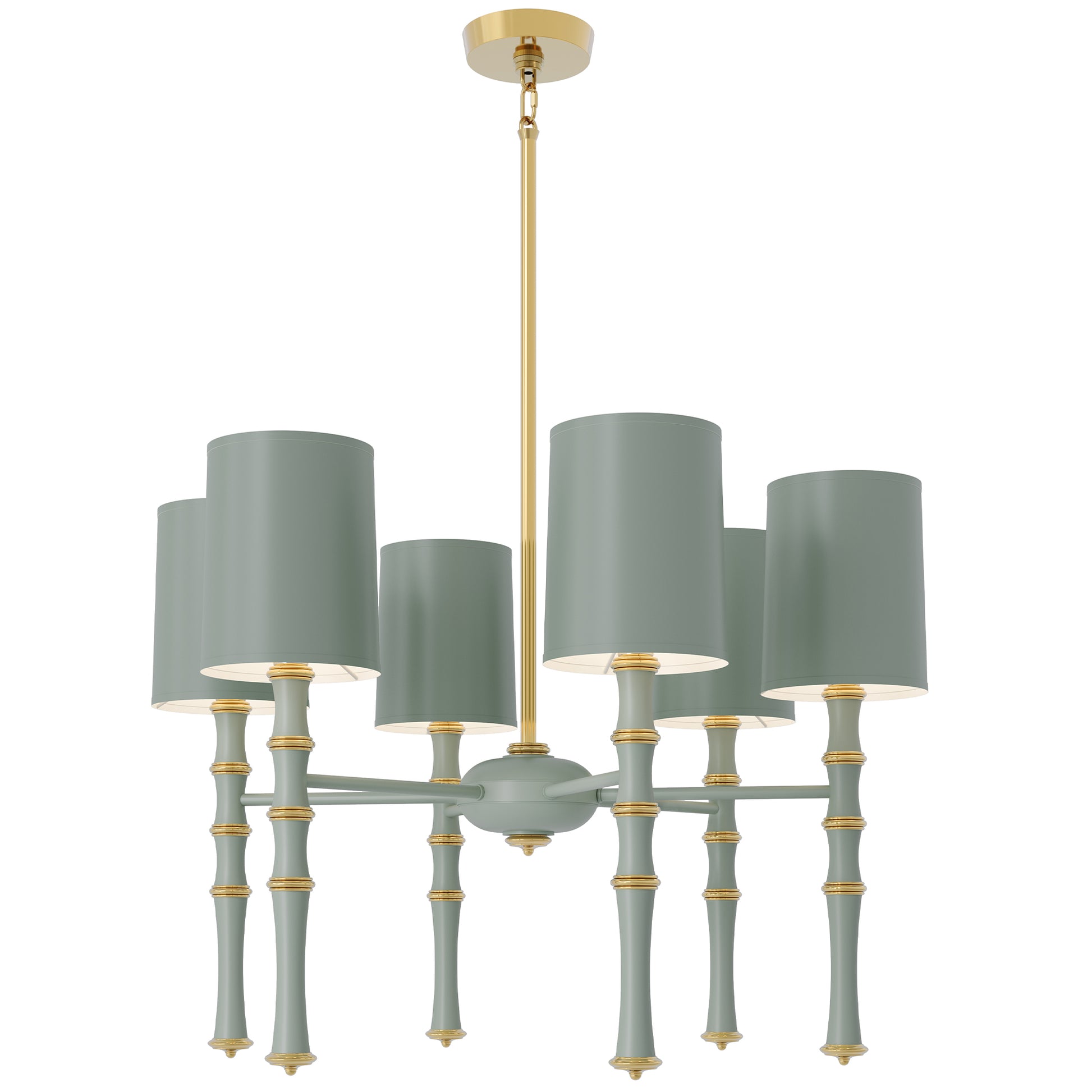 Matte Celadon painted aluminum chandelier with modern brass accents, Matte Celadon Painted Shade — Kane by Robert Abbey
