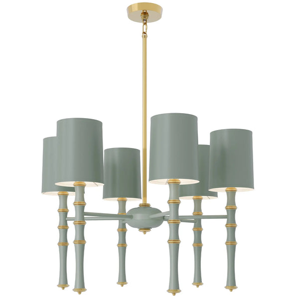 Matte Celadon painted aluminum chandelier with modern brass accents, Matte Celadon Painted Shade — Kane by Robert Abbey