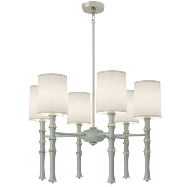Matte Celadon painted aluminum chandelier with polished nickel accents, Ascot White — Kane by Robert Abbey