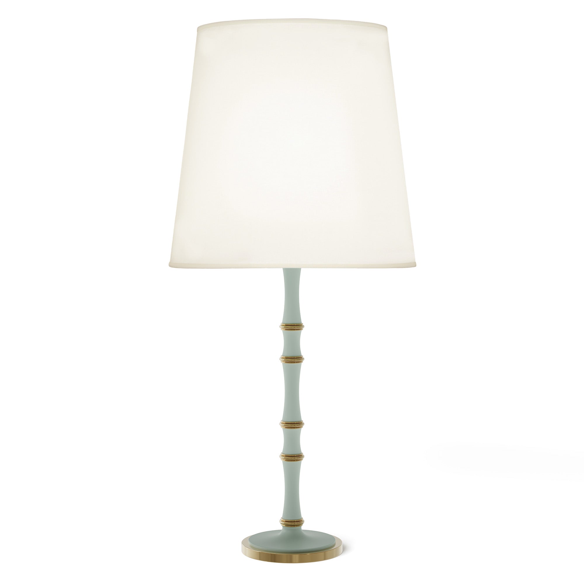 Matte Celadon painted aluminum table lamp with modern brass accents, Fondine — Kane Grande by Robert Abbey