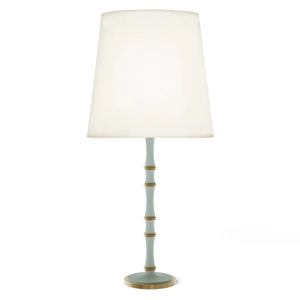 Matte Celadon painted aluminum table lamp with modern brass accents, Fondine — Kane Grande by Robert Abbey