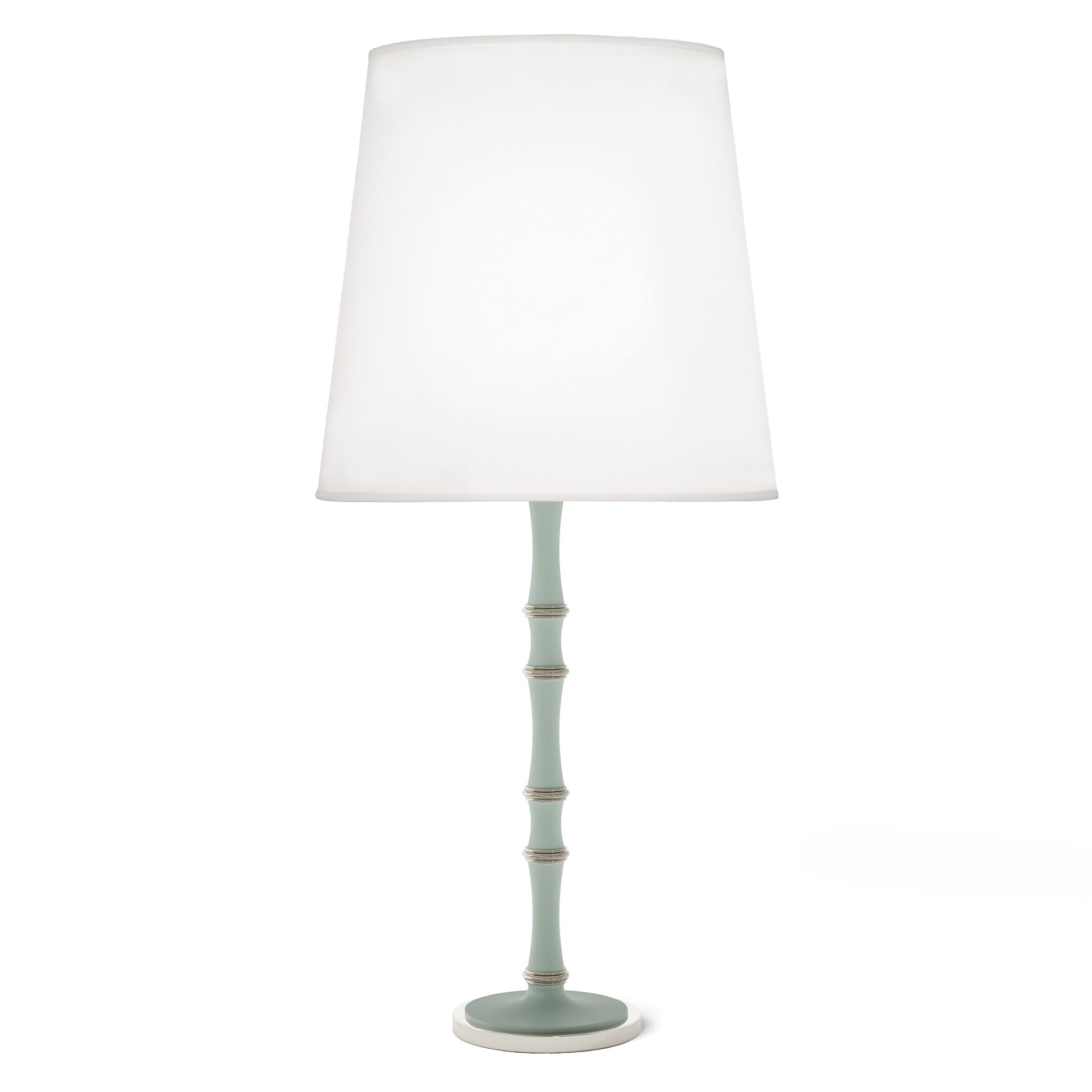 Matte Celadon painted aluminum table lamp with polished nickel accents, Ascot White — Kane Grande by Robert Abbey