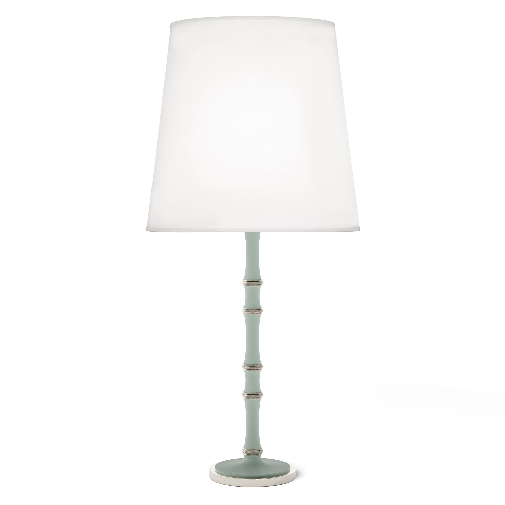 Matte Celadon painted aluminum table lamp with polished nickel accents, Ascot White — Kane Grande by Robert Abbey