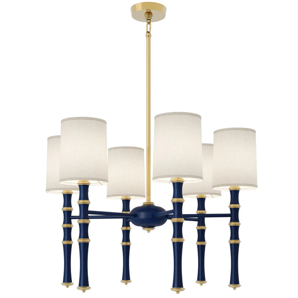 Matte Midnight Blue painted aluminum chandelier with modern brass accents, Fondine — Kane by Robert Abbey