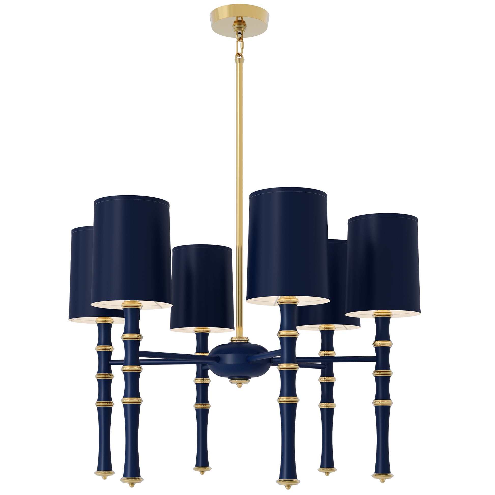 Matte Midnight Blue painted aluminum chandelier with modern brass accents, Matte Midnight Blue Painted Shade — Kane by Robert Abbey