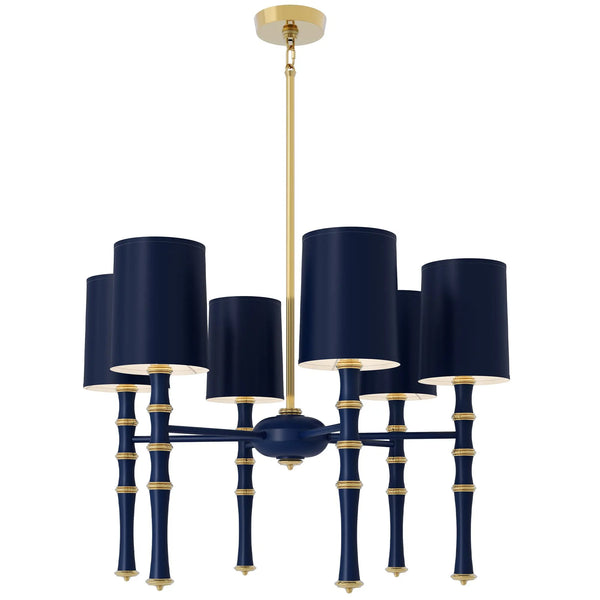 Matte Midnight Blue painted aluminum chandelier with modern brass accents, Matte Midnight Blue Painted Shade — Kane by Robert Abbey
