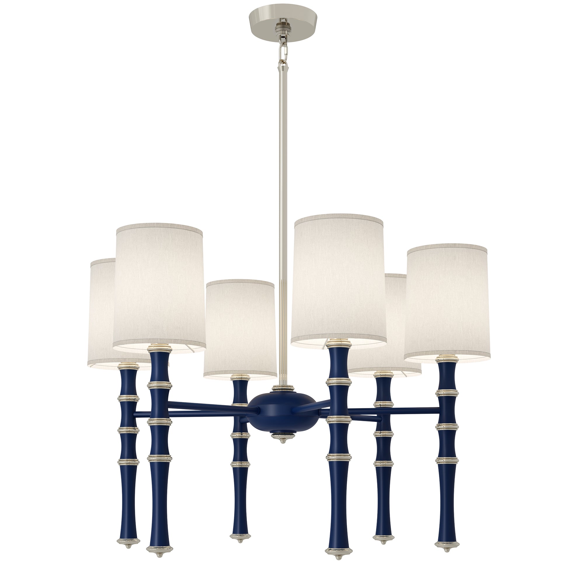 Matte Midnight Blue painted aluminum chandelier with polished nickel accents, Ascot White — Kane by Robert Abbey