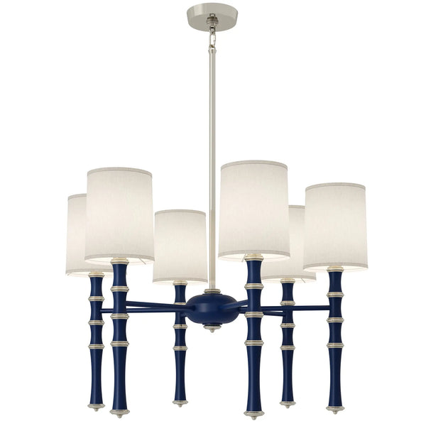 Matte Midnight Blue painted aluminum chandelier with polished nickel accents, Ascot White — Kane by Robert Abbey