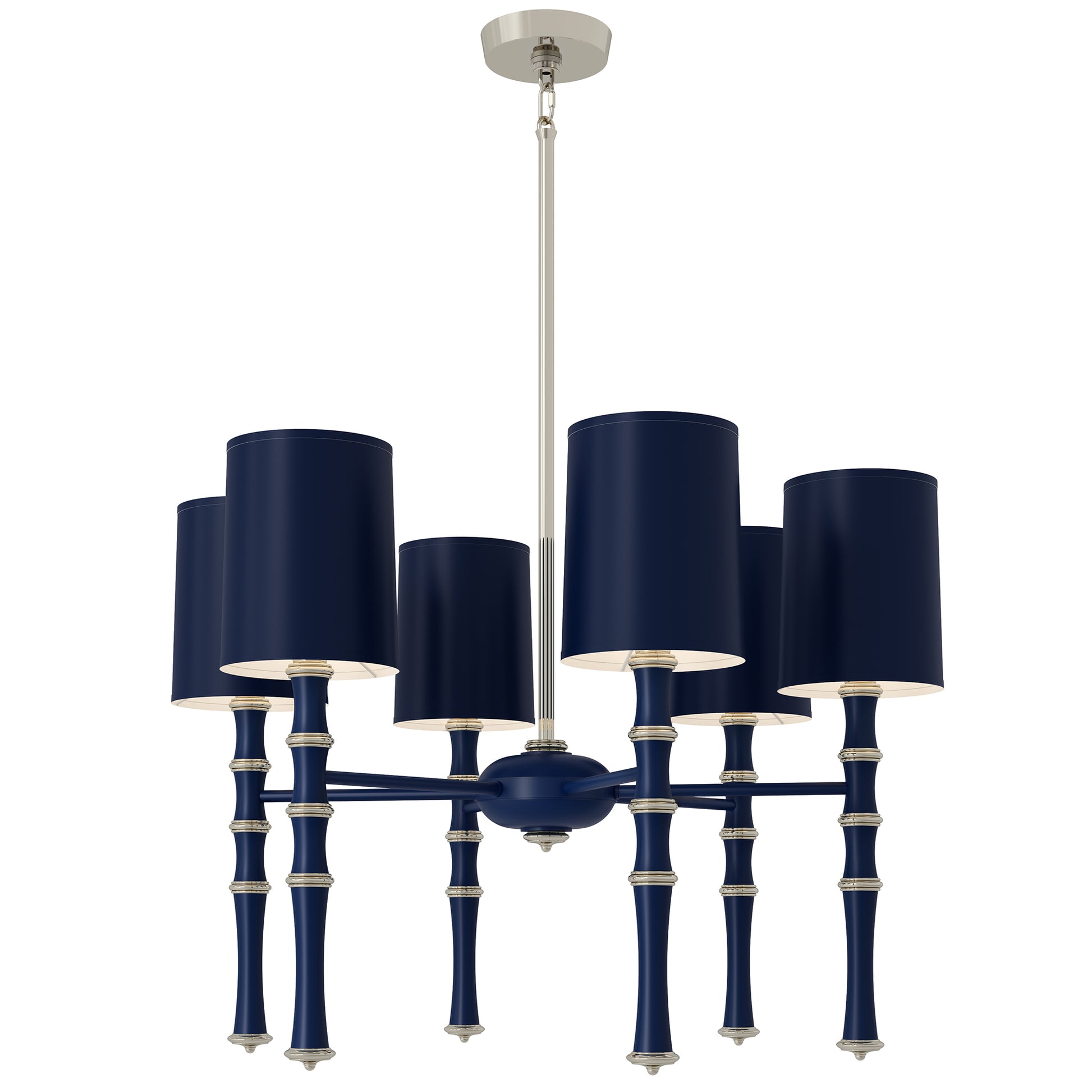 Matte Midnight Blue painted aluminum chandelier with polished nickel accents, Matte Midnight Blue Painted Shade — Kane by Robert Abbey