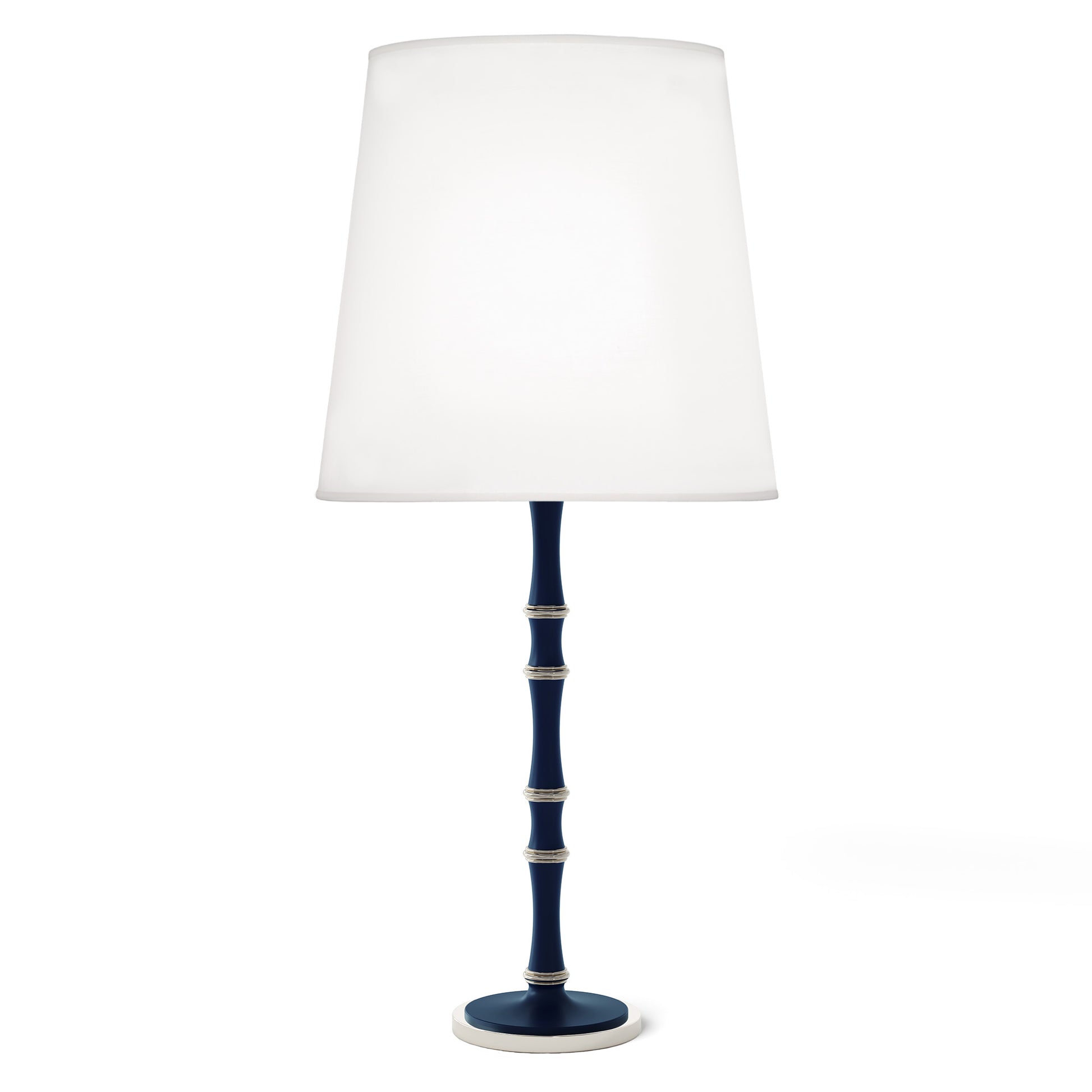 Matte Midnight Blue painted aluminum table lamp with polished nickel accents, Ascot White — Kane Grande by Robert Abbey