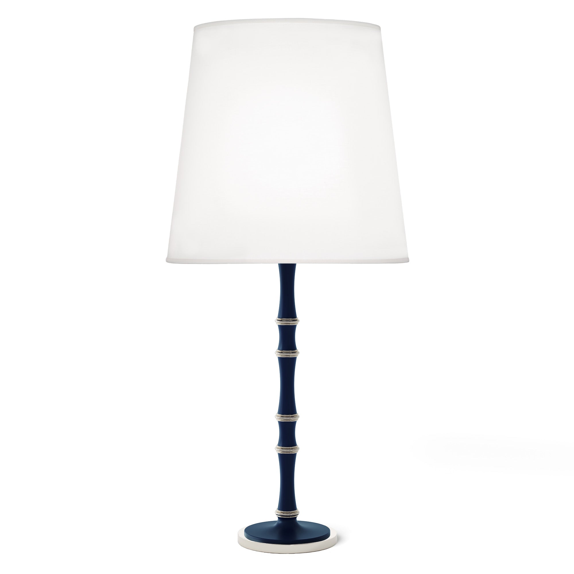 Matte Midnight Blue painted aluminum table lamp with polished nickel accents, Ascot White — Kane Grande by Robert Abbey