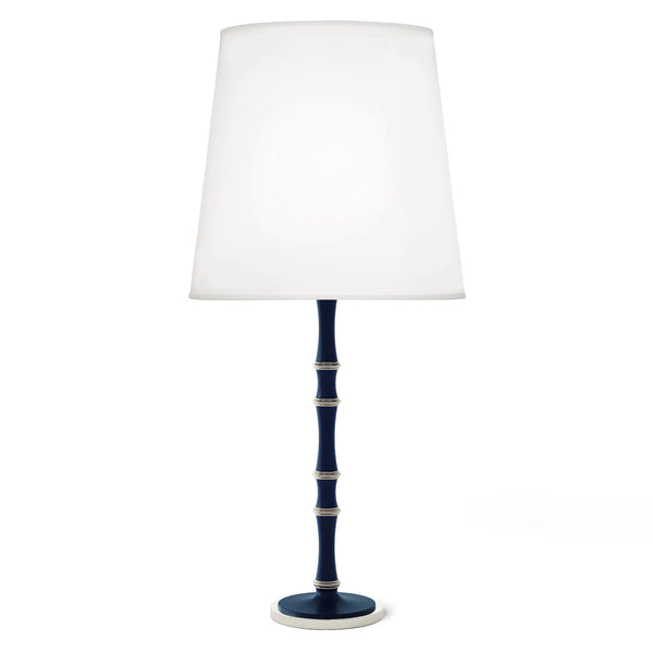 Matte Midnight Blue painted aluminum table lamp with polished nickel accents, Ascot White — Kane Grande by Robert Abbey