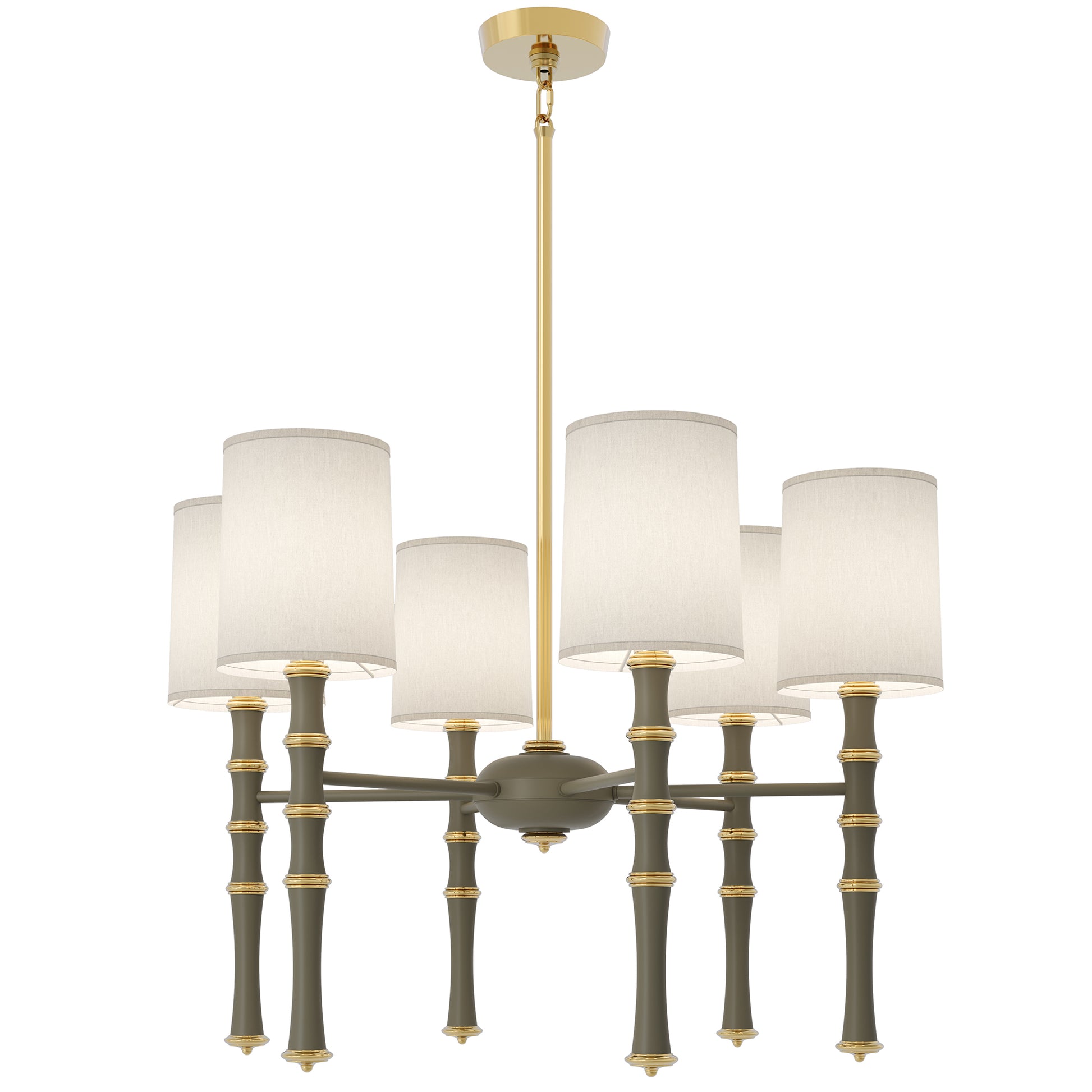 Matte Smokey Taupe painted aluminum chandelier with modern brass accents, Fondine — Kane by Robert Abbey