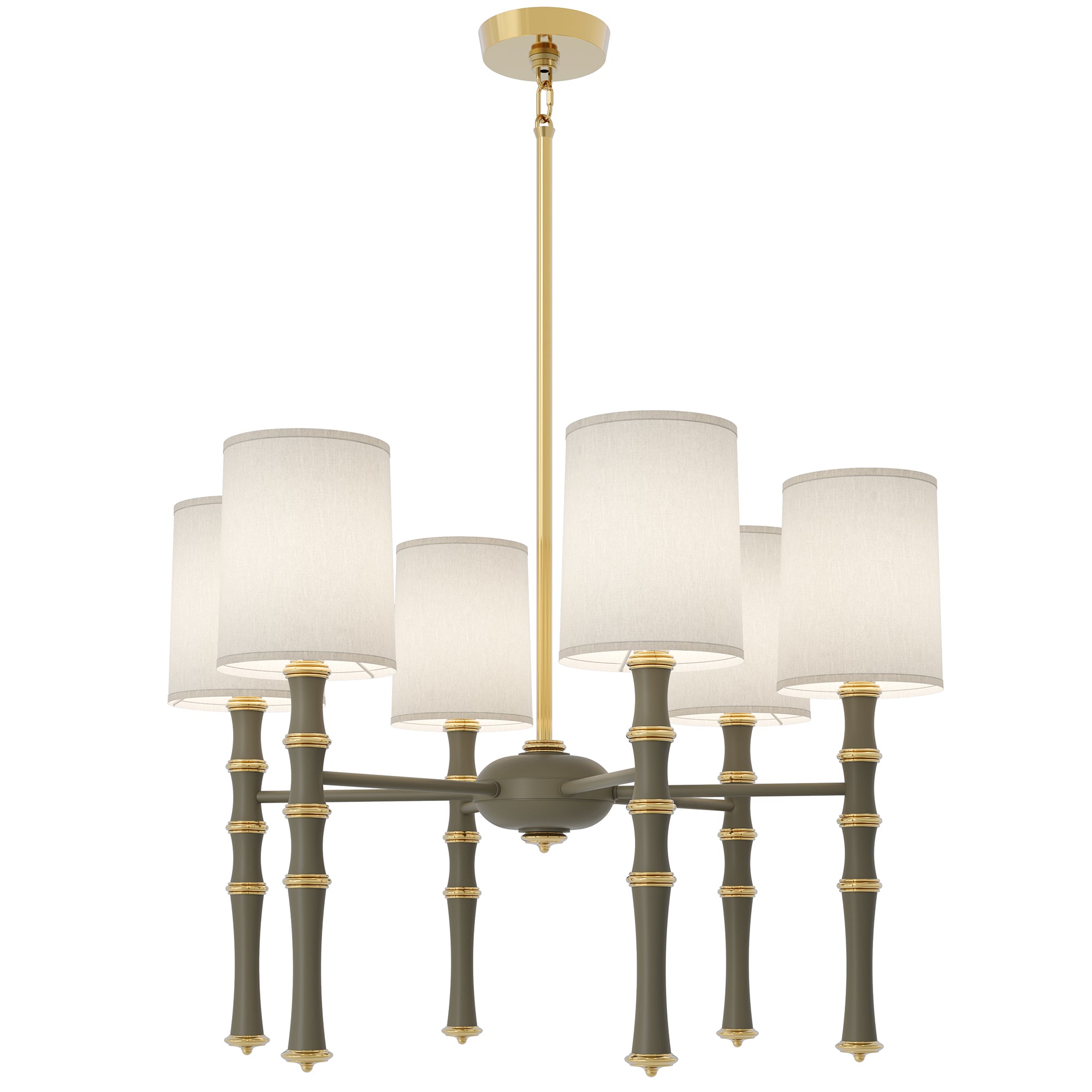 Matte Smokey Taupe painted aluminum chandelier with modern brass accents, Fondine — Kane by Robert Abbey