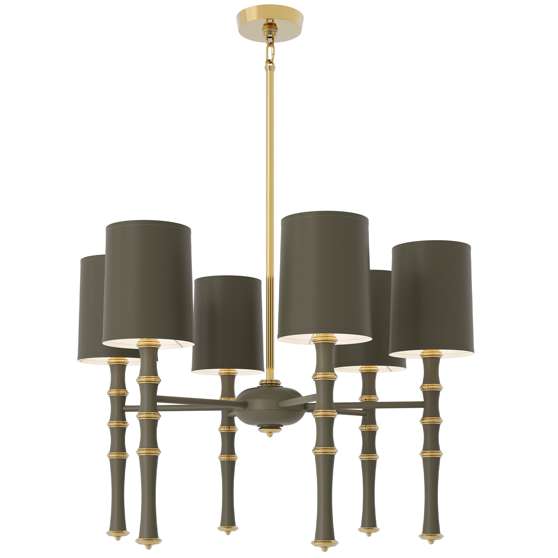 Matte Smokey Taupe painted aluminum chandelier with modern brass accents, Matte Smokey Taupe Painted Shade — Kane by Robert Abbey