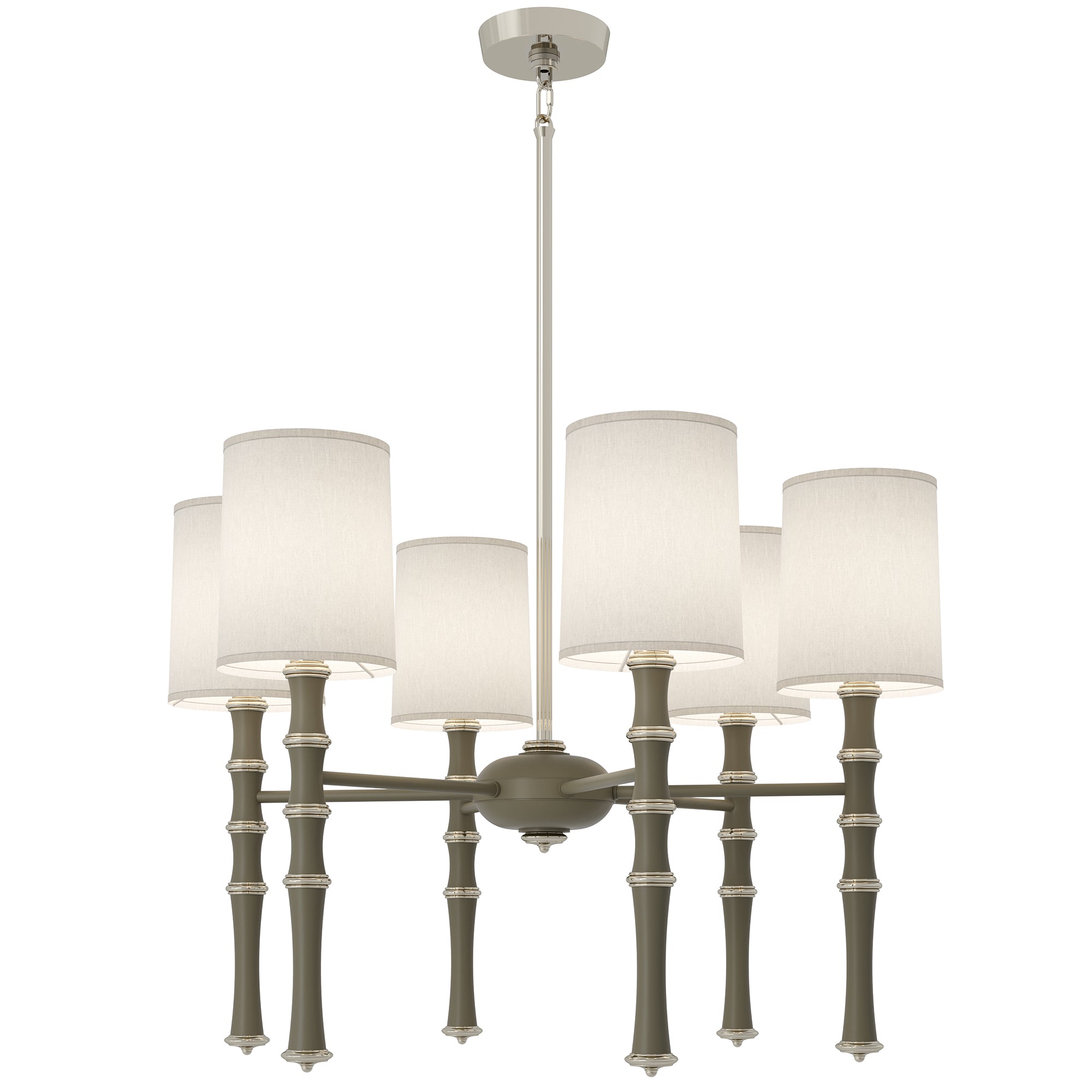 Matte Smokey Taupe painted aluminum chandelier with polished nickel accents, Ascot White — Kane by Robert Abbey