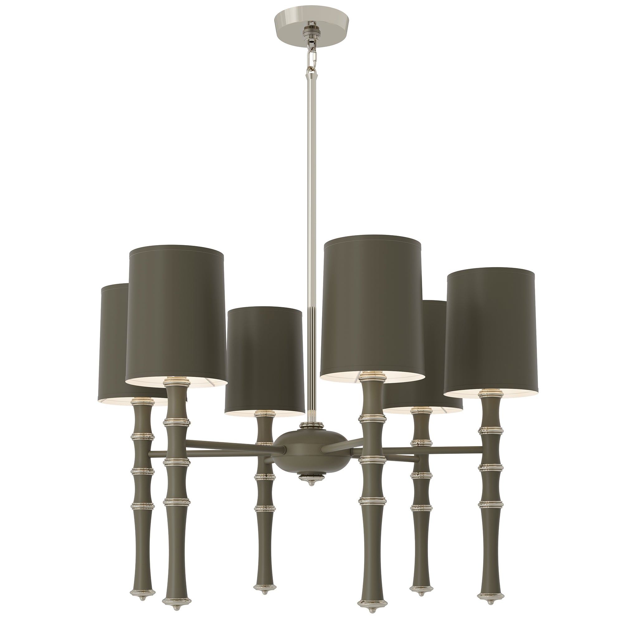 Matte Smokey Taupe painted aluminum chandelier with polished nickel accents, Matte Smokey Taupe Painted Shade — Kane by Robert Abbey