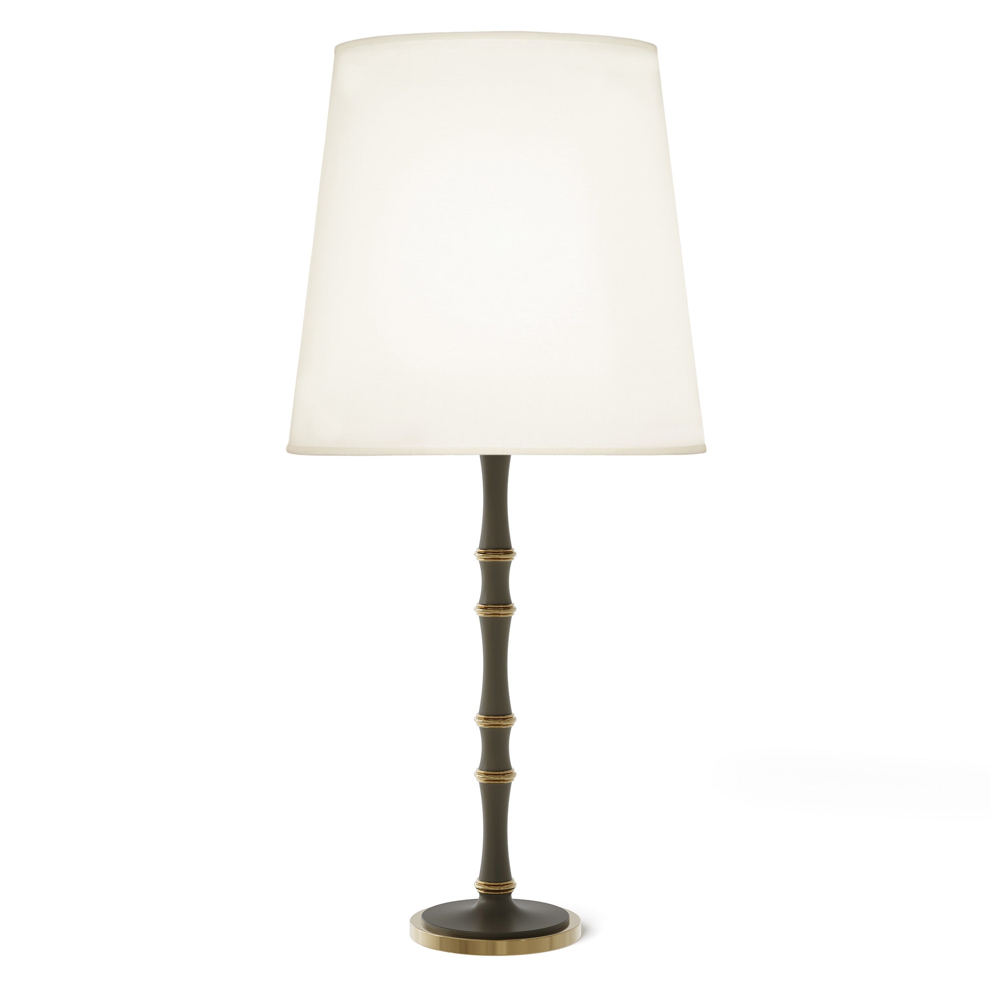 Matte Smokey Taupe painted aluminum table lamp with modern brass accents, Fondine — Kane Grande by Robert Abbey