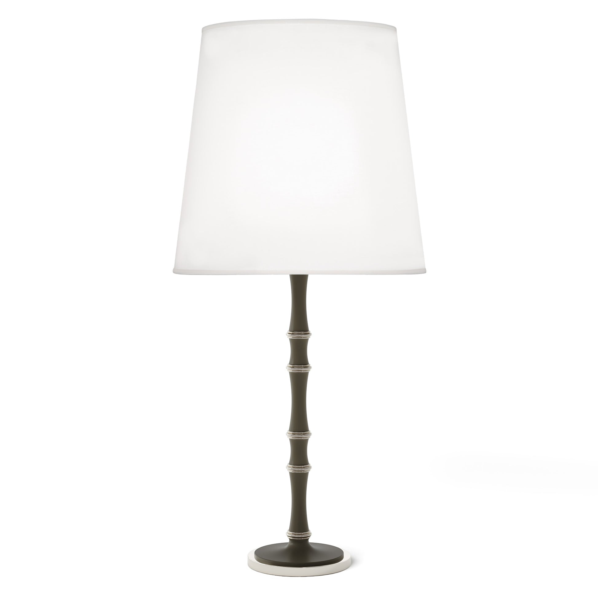 Matte Smokey Taupe painted aluminum table lamp with polished nickel accents, Ascot White — Kane Grande by Robert Abbey