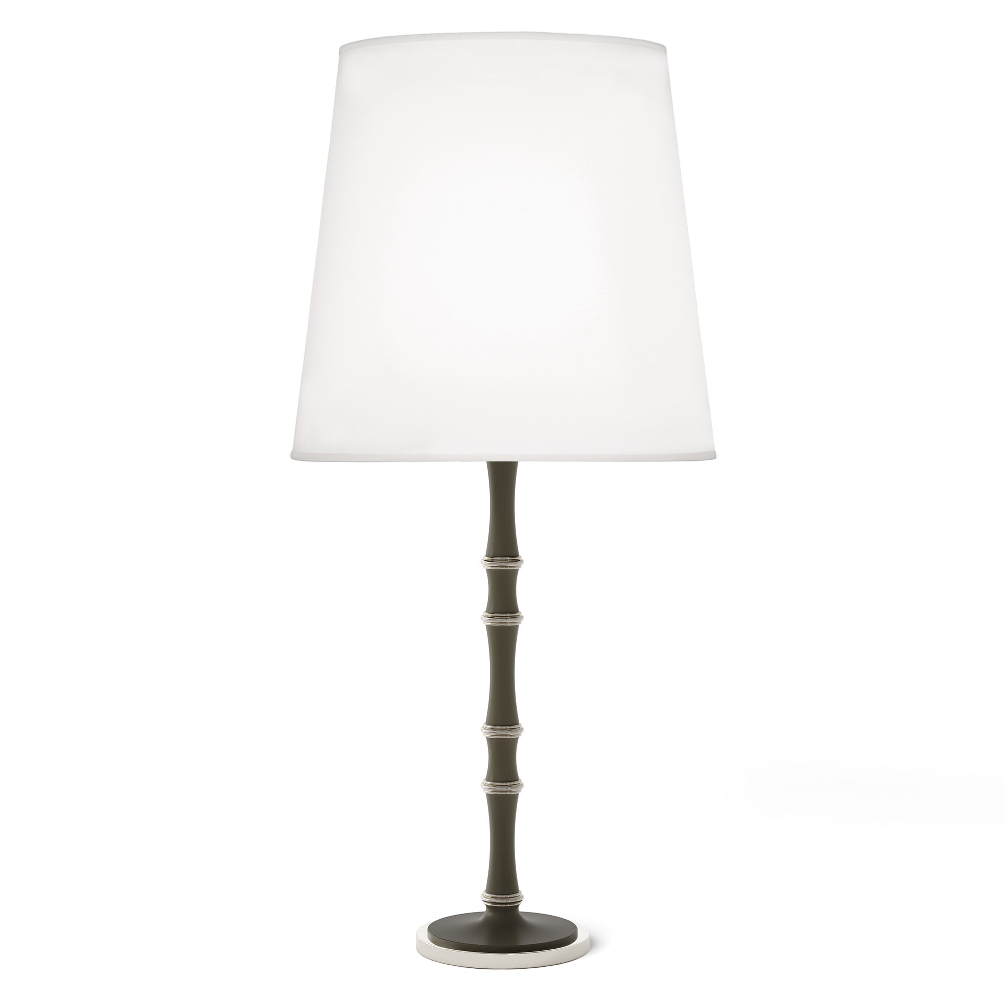 Matte Smokey Taupe painted aluminum table lamp with polished nickel accents, Ascot White — Kane Grande by Robert Abbey