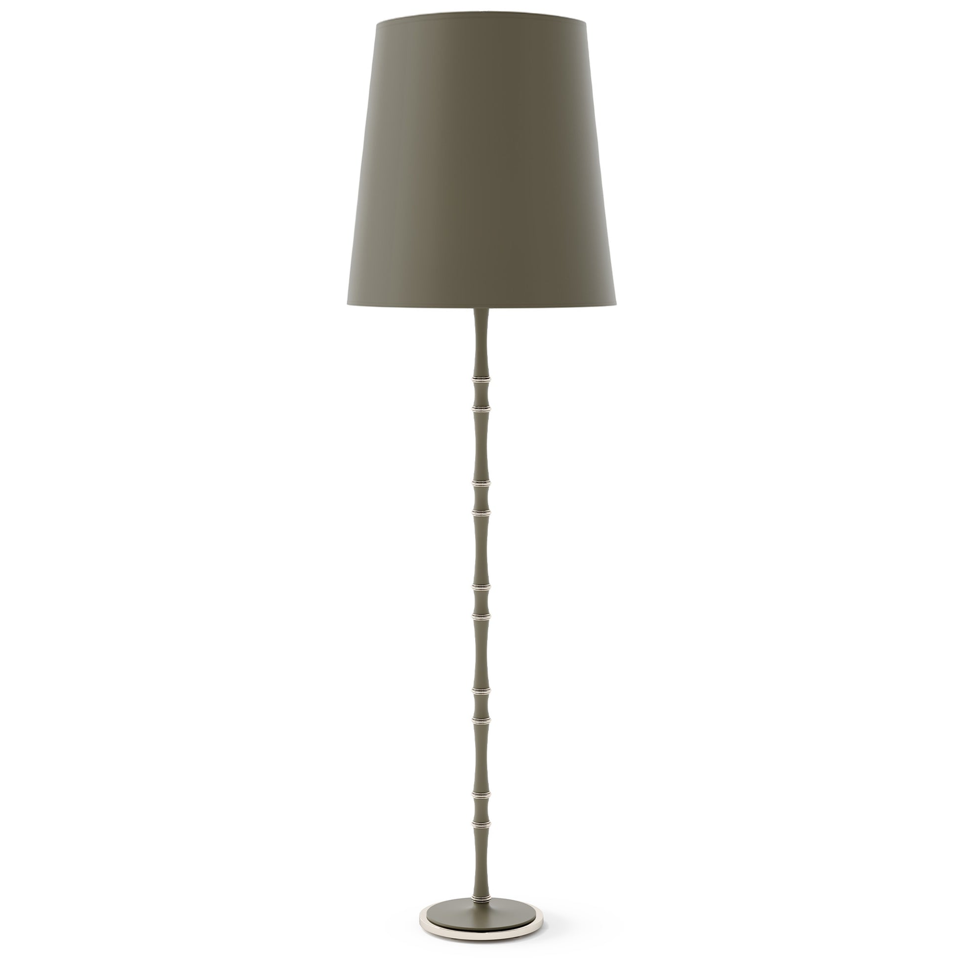 Matte Smokey Taupe painted aluminum floor lamp with polished nickel accents, Matte Smokey Taupe Painted Shade — Kane Grande by Robert Abbey