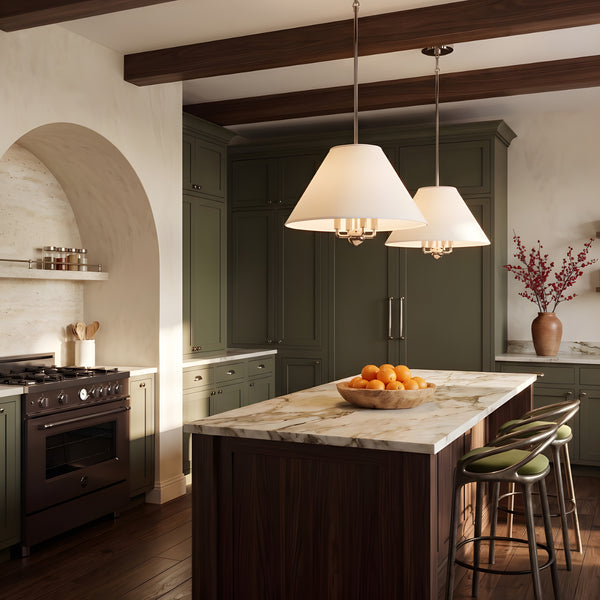 Judy Tapered Shade Pendants with polished nickel accents over a kitchen island