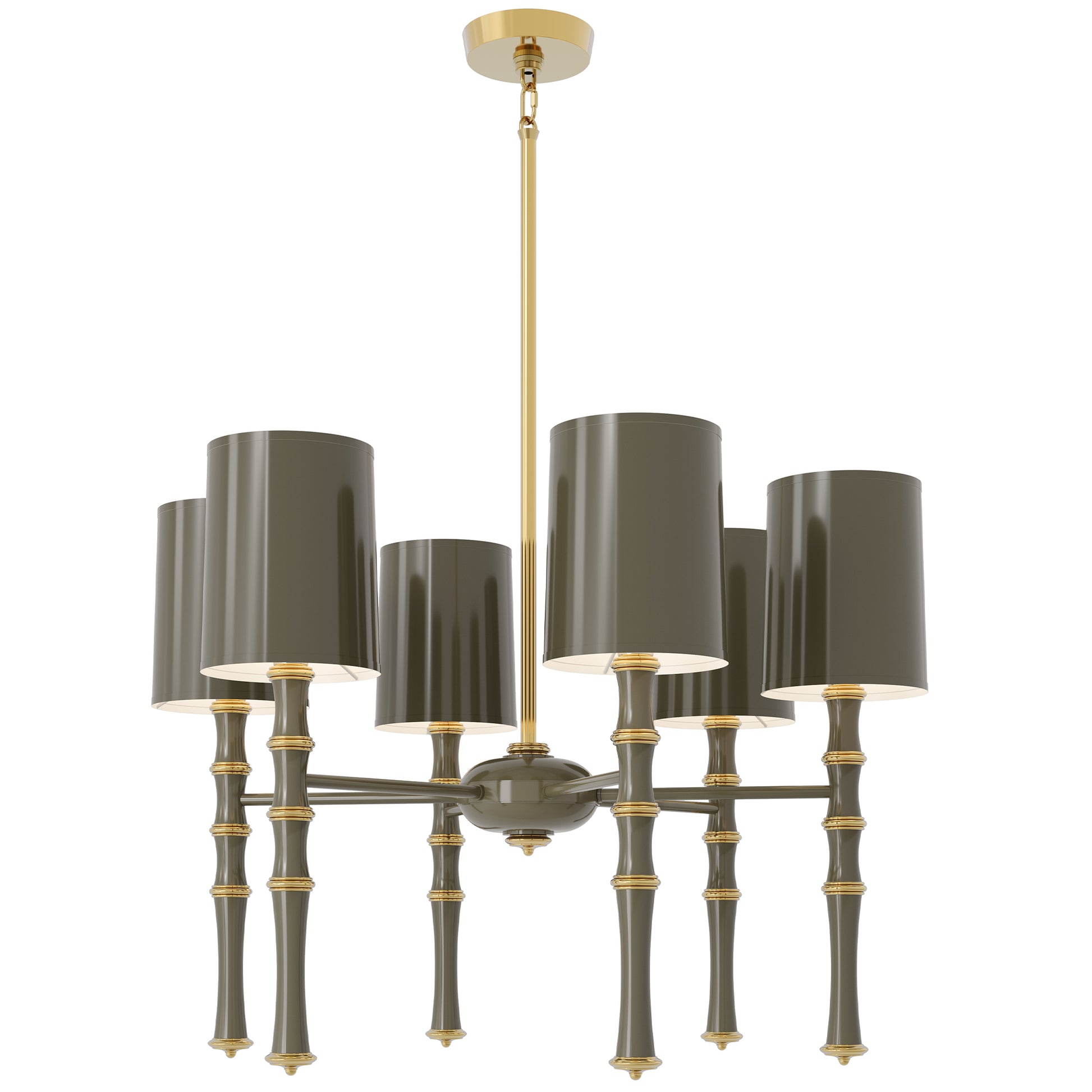 Smokey Taupe painted aluminum chandelier with modern brass accents, Smokey Taupe Painted Shade — Kane by Robert Abbey