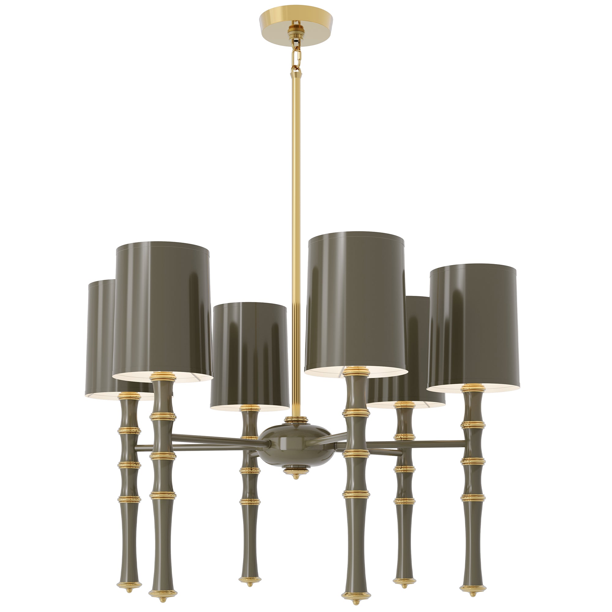 Smokey Taupe painted aluminum chandelier with modern brass accents, Smokey Taupe Painted Shade — Kane by Robert Abbey