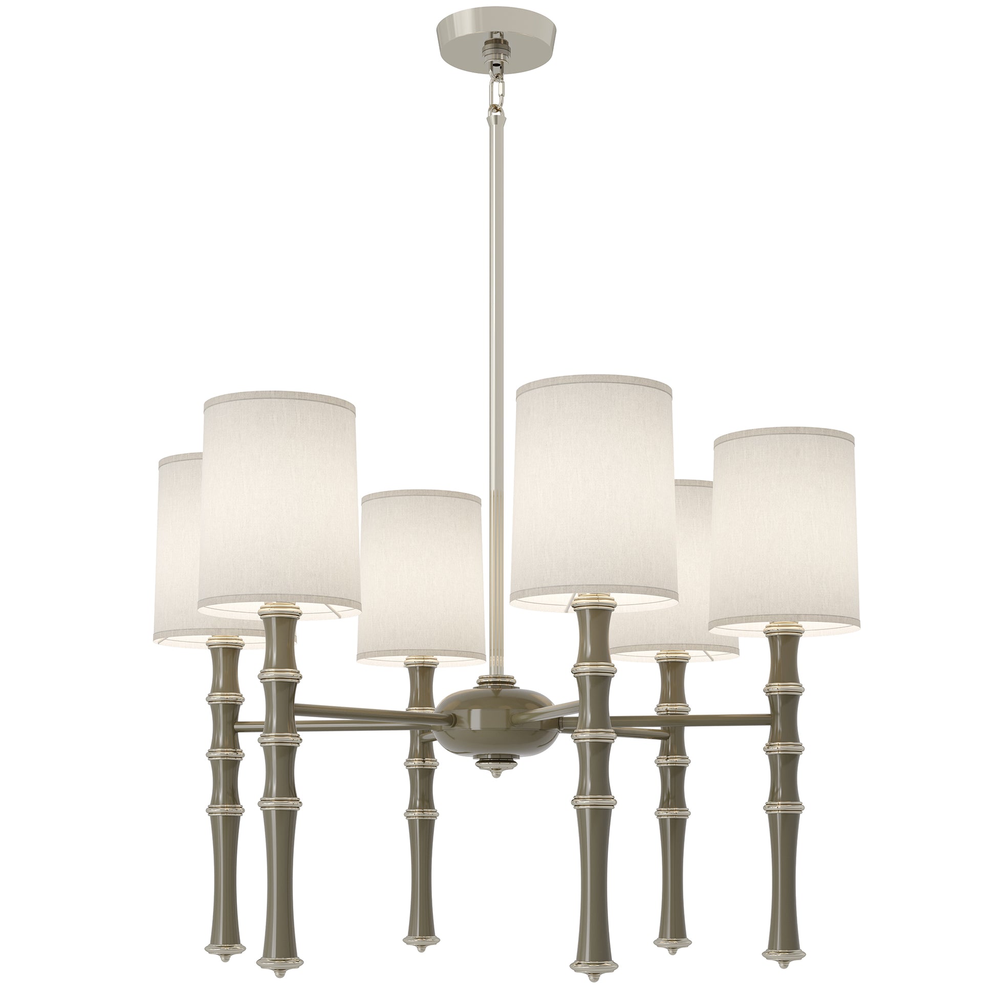 Smokey Taupe painted aluminum chandelier with polished nickel accents, Ascot White — Kane by Robert Abbey