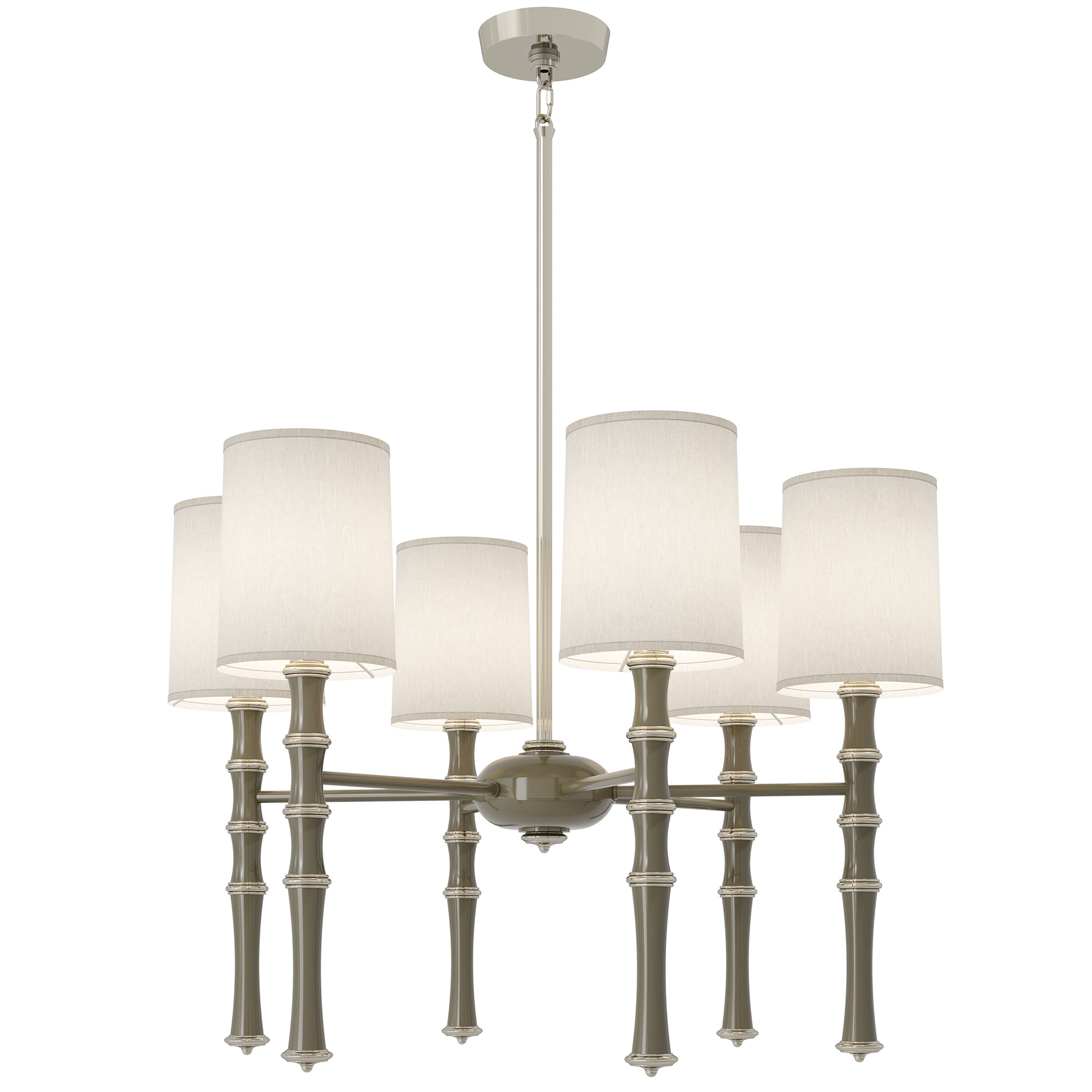 Smokey Taupe painted aluminum chandelier with polished nickel accents, Ascot White — Kane by Robert Abbey