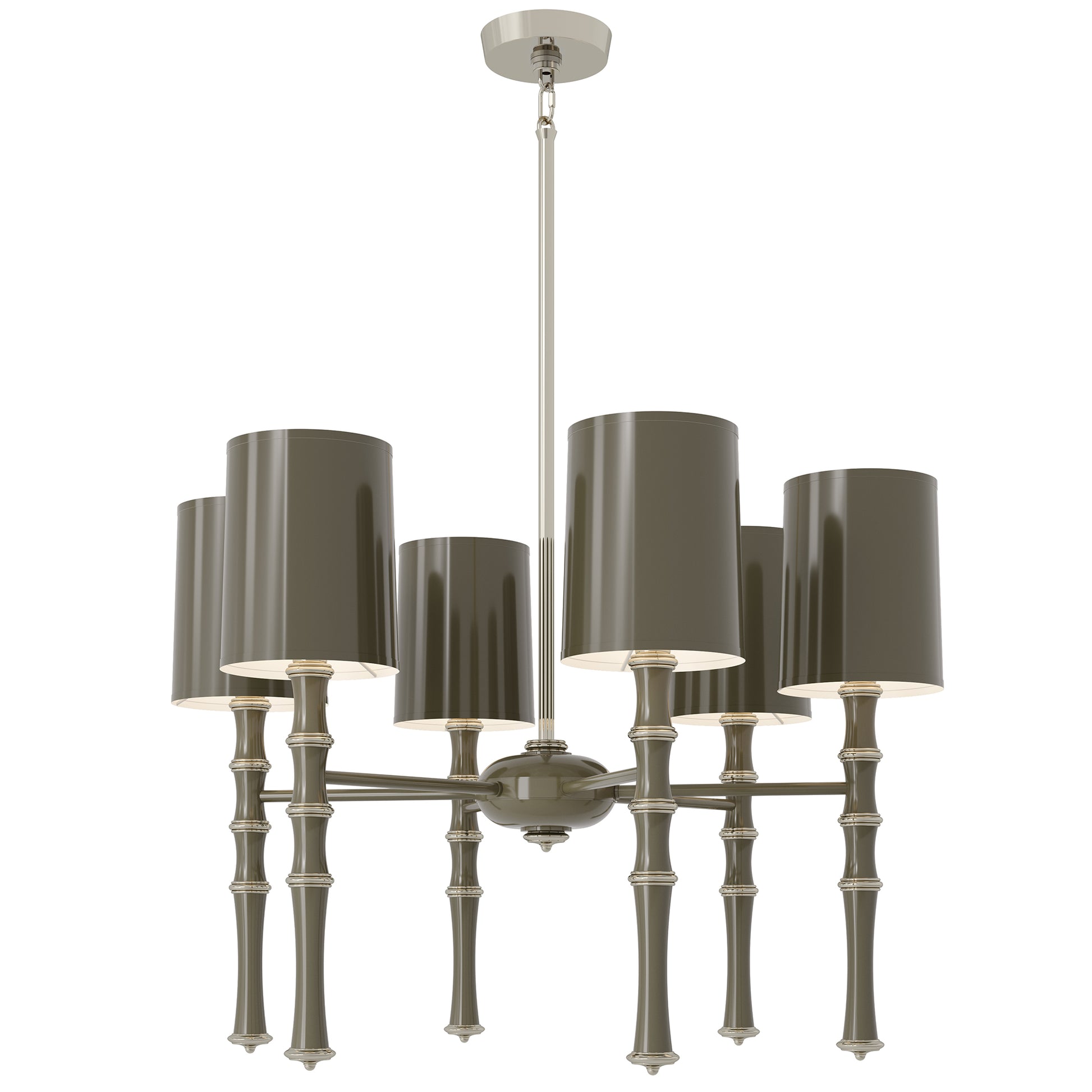 Smokey Taupe painted aluminum chandelier with polished nickel accents, Smokey Taupe Painted Shade — Kane by Robert Abbey