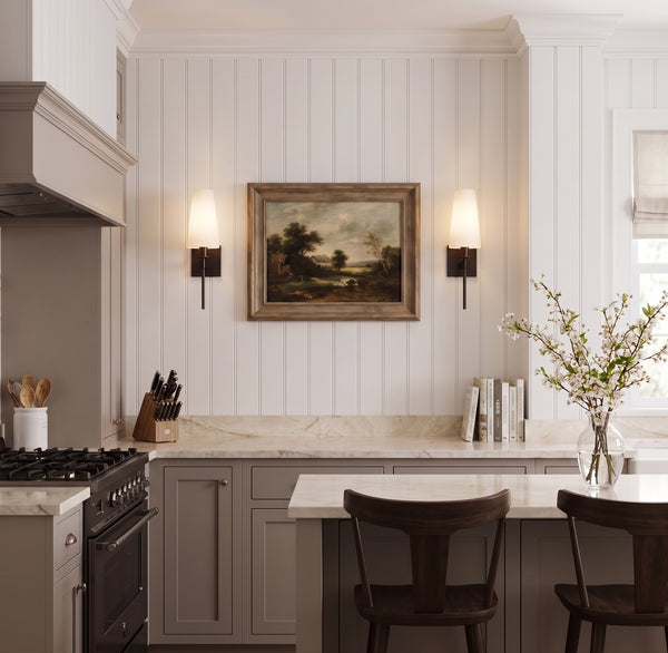 Boca Frosted Glass Wall Sconces in Deep Patina Bronze in a kitchen